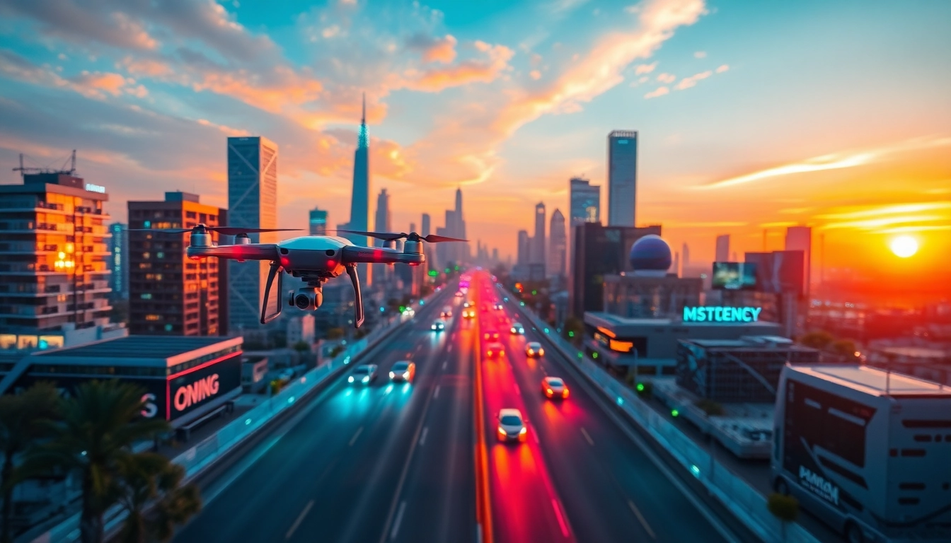 Explore technology in a vibrant futuristic city filled with smart vehicles and drones.