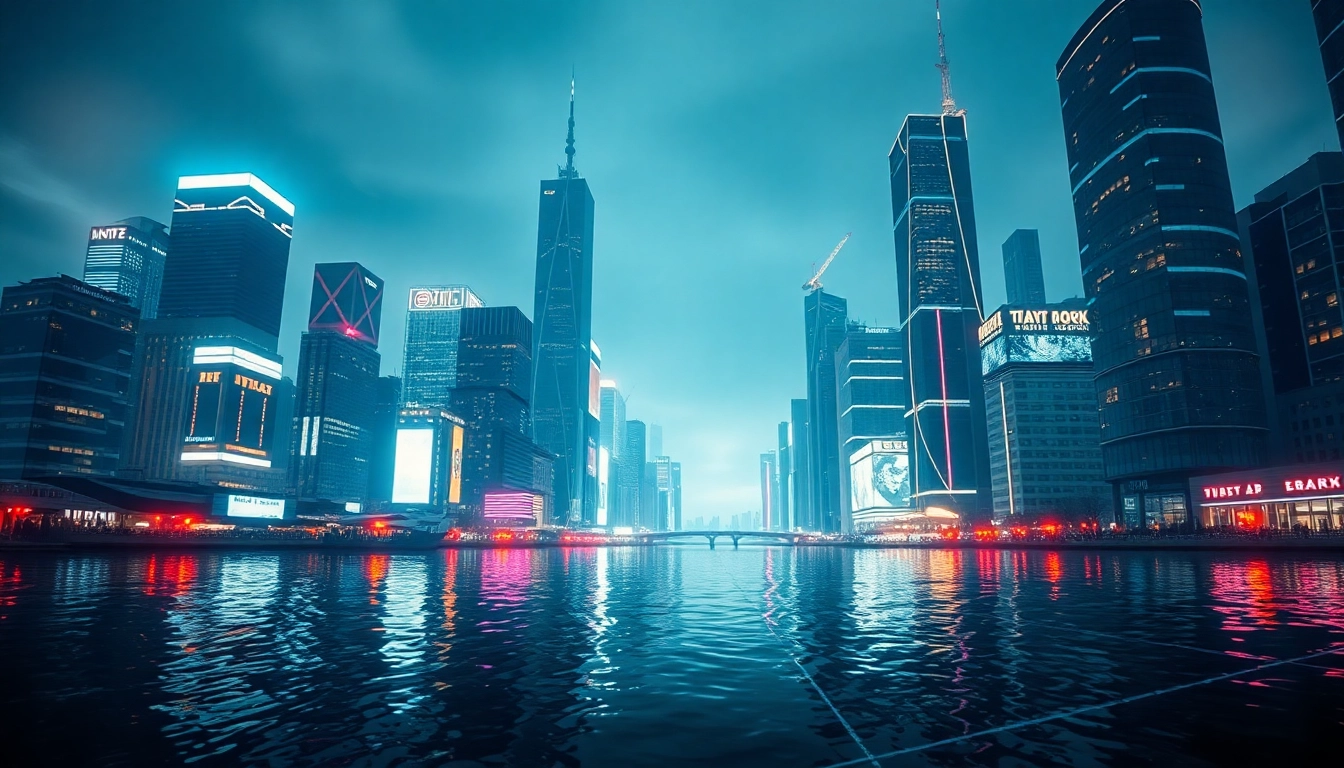 Showcasing innovative technology, a glowing futuristic cityscape captures the essence of modern urban life.