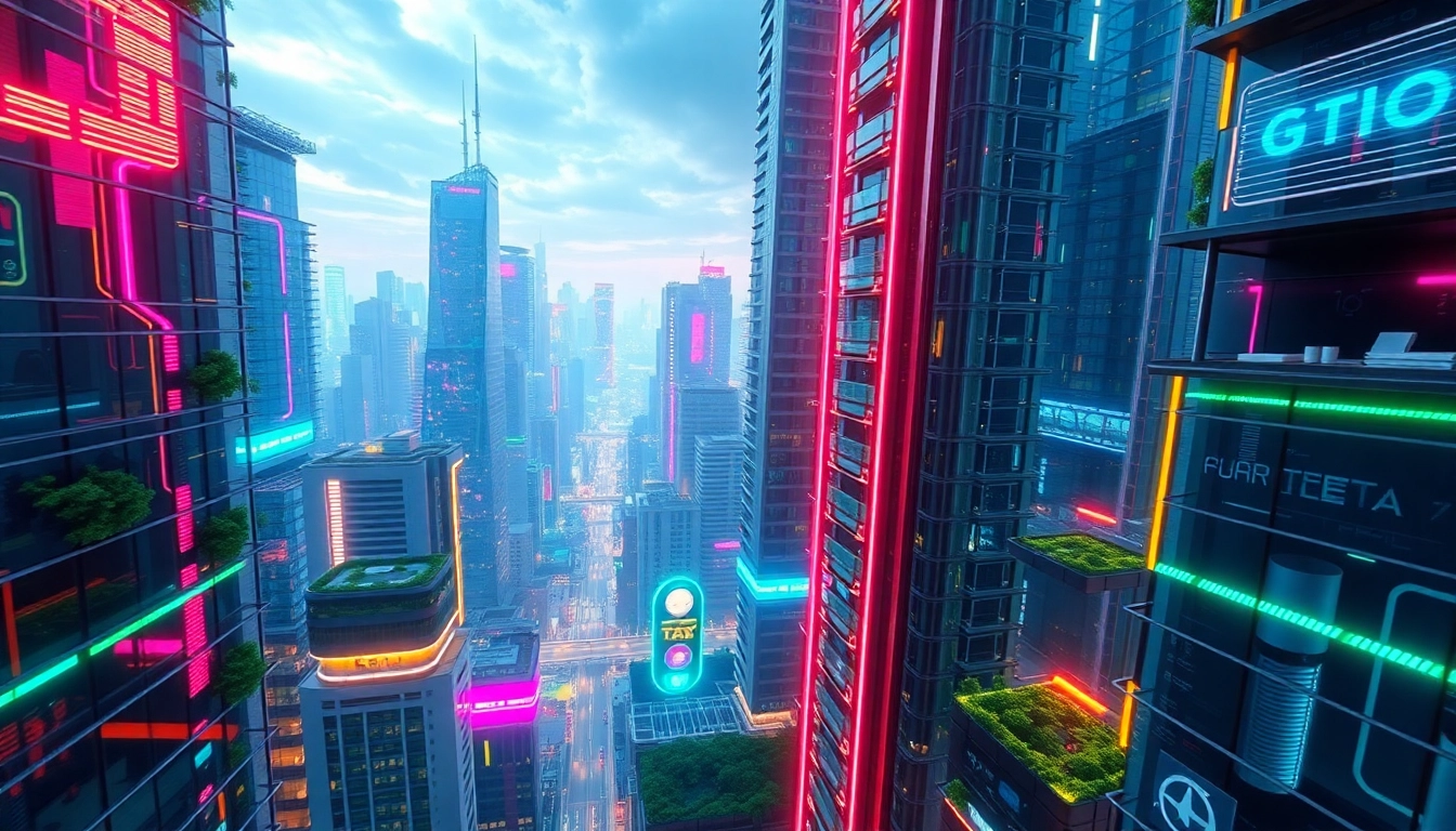 Showcasing technology in a vibrant cityscape with skyscrapers and greenery integration.