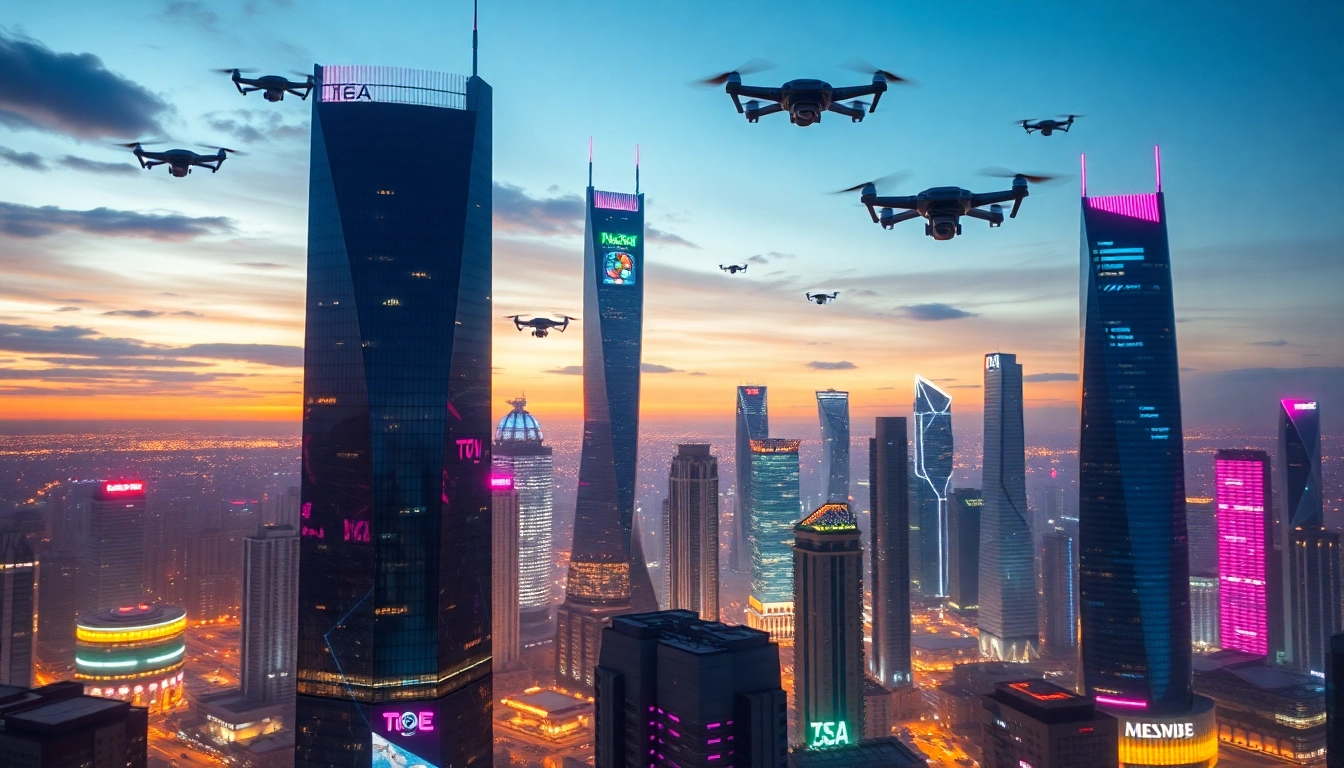 Technology-driven futuristic cityscape featuring advanced skyscrapers and flying drones.