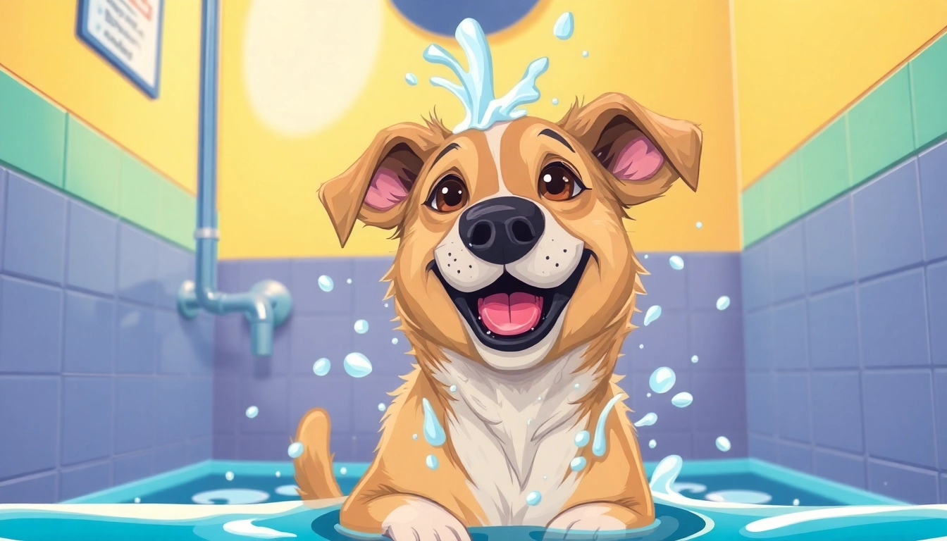 Happy dog receiving a wash at a self-service dog wash near me, showcasing playful splashes and bright colors.