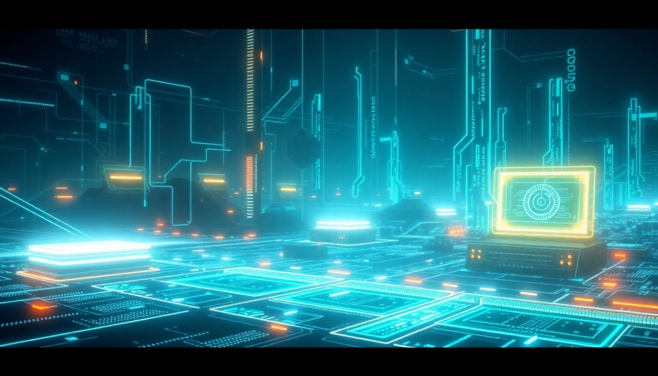 Showcase technology-driven futuristic landscape with glowing devices and circuits.