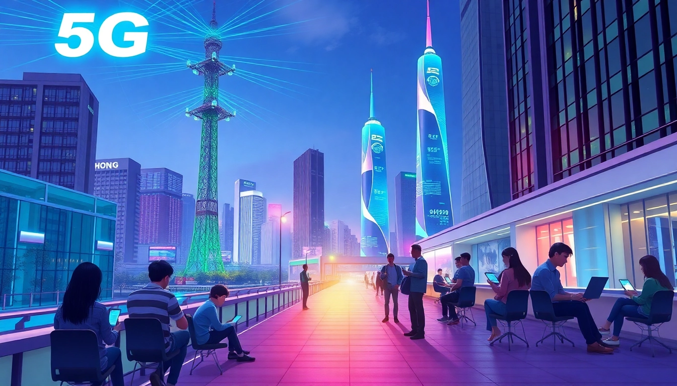 香港城市中高樓大廈與5G訊號塔，展現高速連接的未來科技景象
