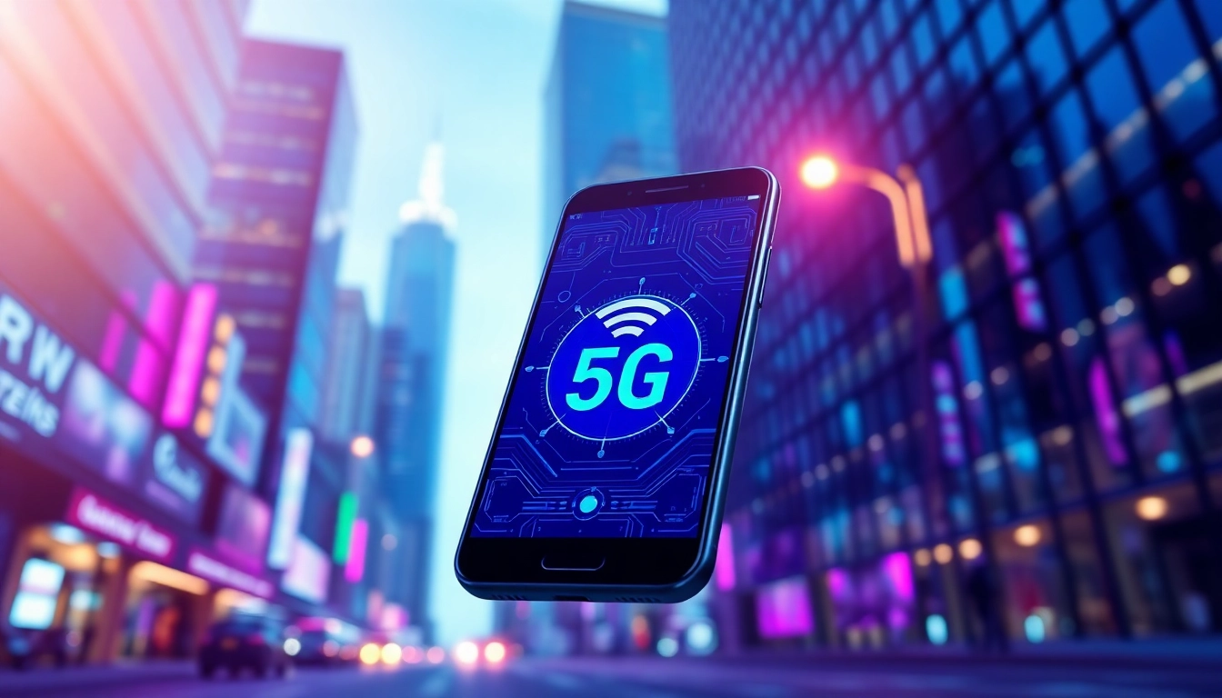 一部展示5G網絡界面的現代智能手機，背景為繁華都市景觀，充滿活力的色彩和燈光。