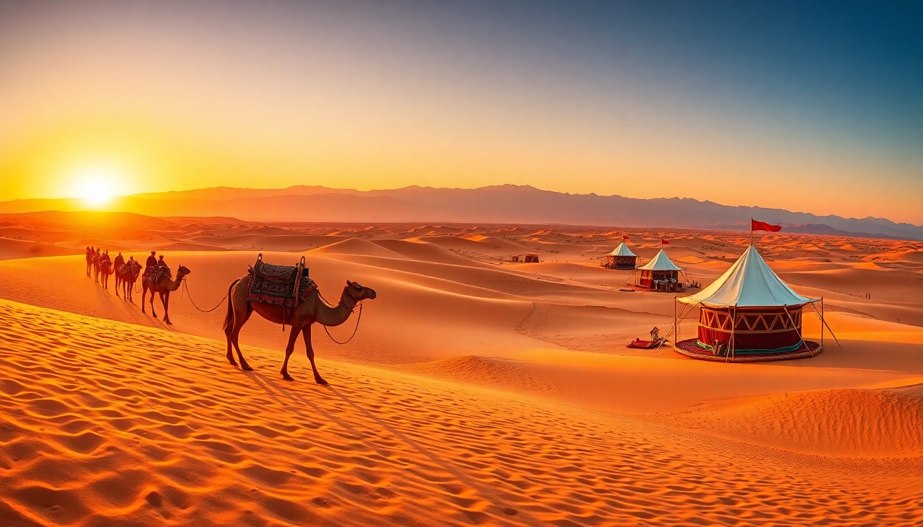 Experience the scenic beauty of a 15 days tour in Morocco with desert dunes, camel rides, and Berber tents in a stunning sunset setting.