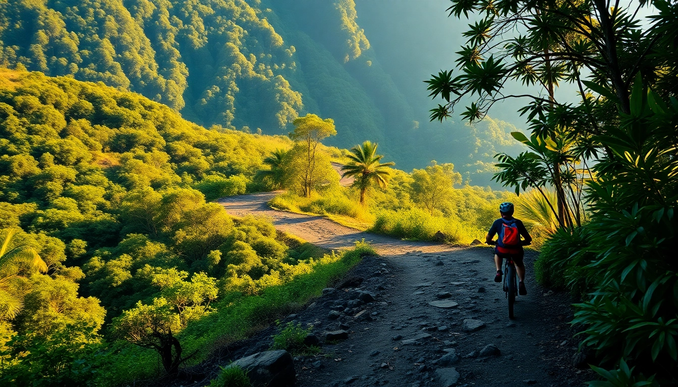 Trek enthusiasts exploring Lombok's scenic trails with vibrant outdoor gear amidst lush greenery and tropical scenery.