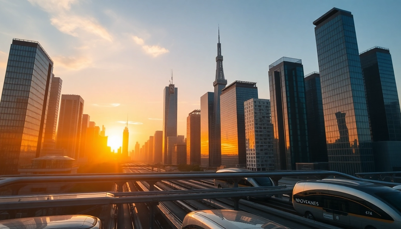 Showcasing advanced technology in an innovative futuristic city skyline during sunset.