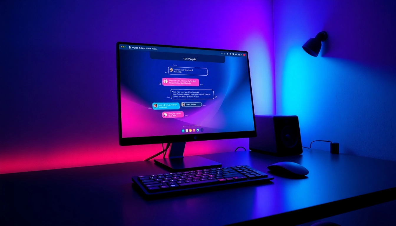 Modern computer setup with vibrant chat interface and neon lighting, representing unrestricted AI chat experience.