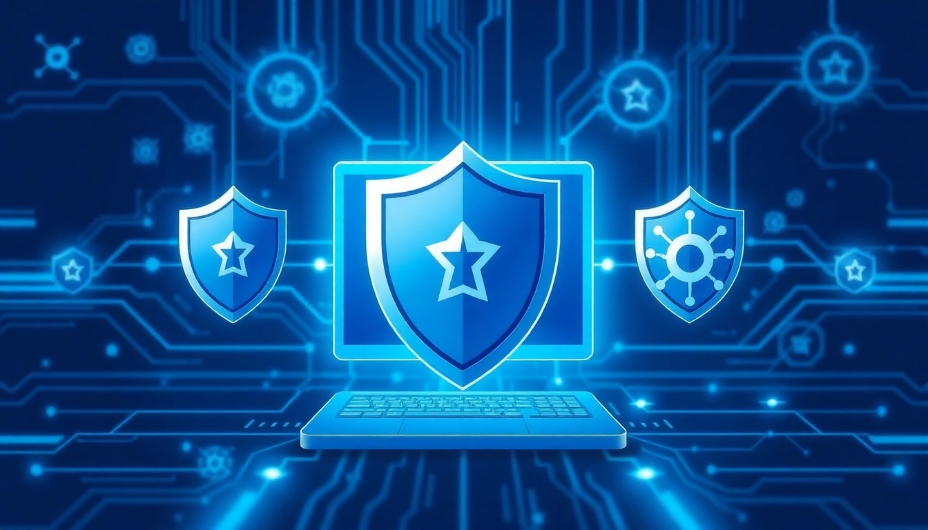 Secure your system with https://sys32win.com/: cybersecurity illustration featuring shield and malware icons for awareness