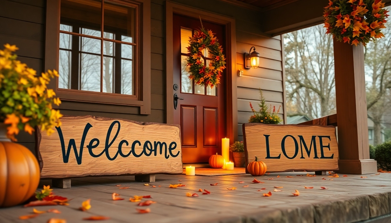 Elegant wooden welcome signs greeting guests on a charming front porch in farmhouse style, perfect for outdoor decor and personalized touches.