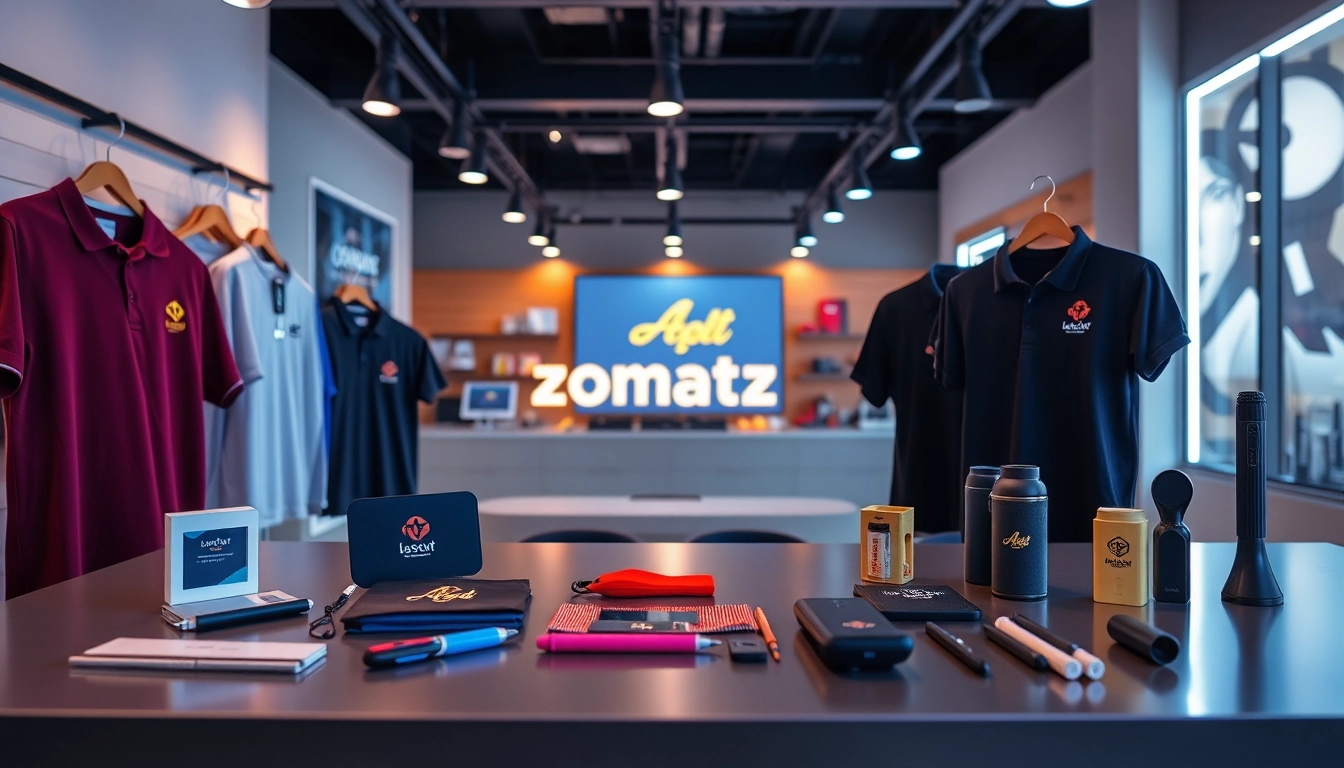 A selection of high-quality promotional products in Louisville, featuring branded apparel, pens, and tech items arranged in an appealing display.