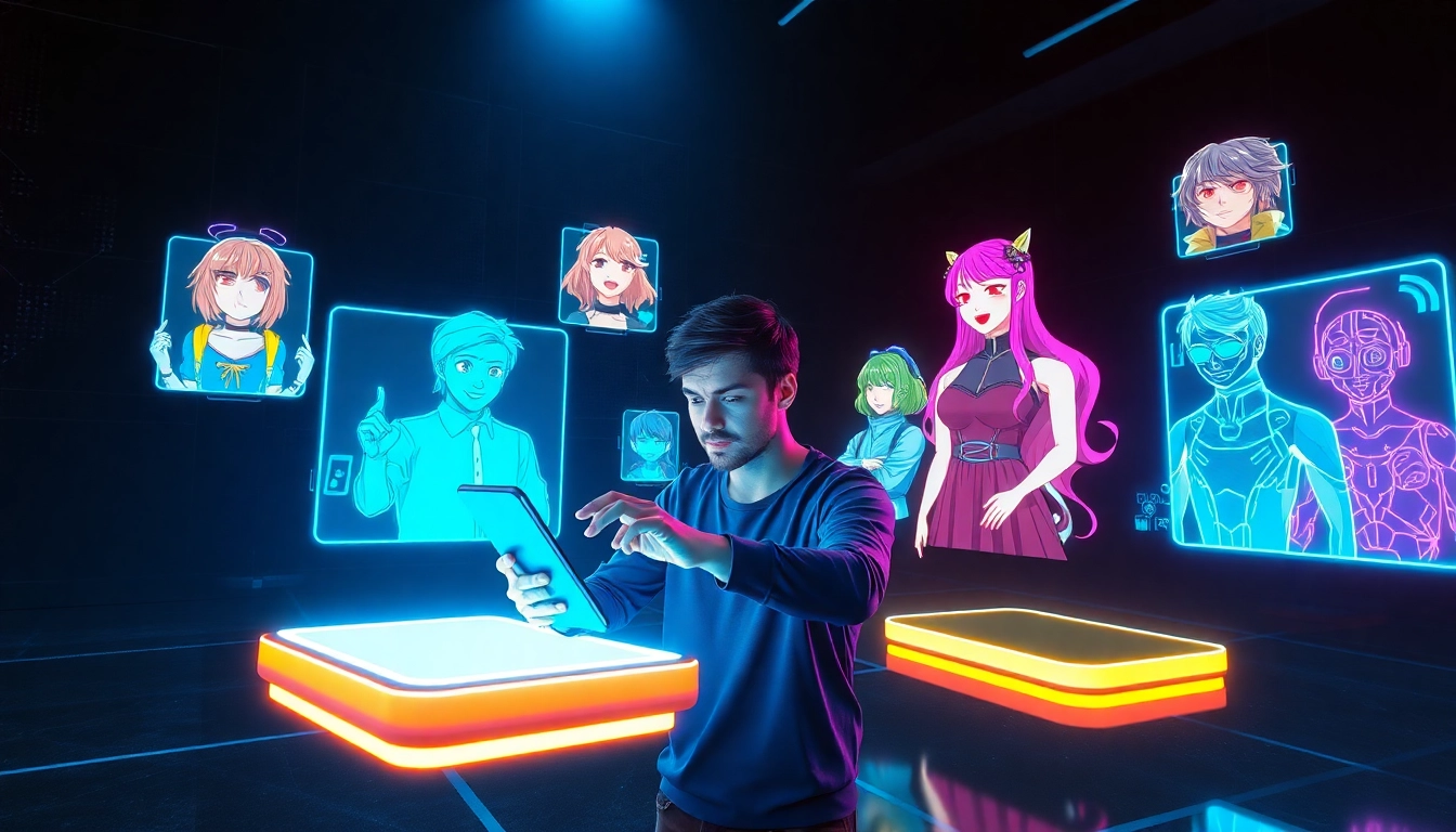 An illustration of a futuristic social media scene with holographic characters and digital interfaces representing a virtual fandom environment.