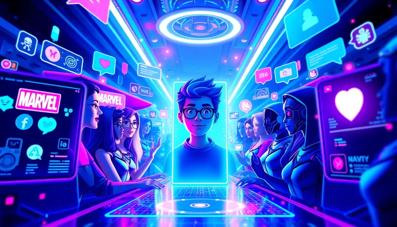 A colorful, futuristic social media scene with avatars and AI characters engaging in lively interactions.