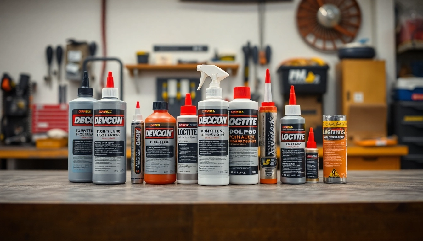 Purchase industrial products from https://pitertrade.ru/, including Devcon and Loctite, displayed beautifully on a workshop table.