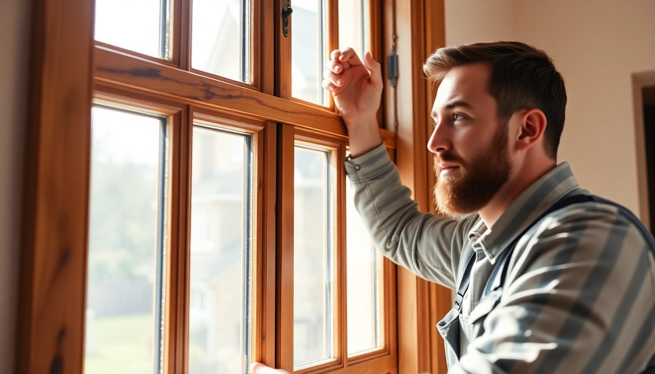 Sash window replacement process showing a skilled worker installing new sash into a classic brick-walled building, highlighting craftsmanship and attention to detail.
