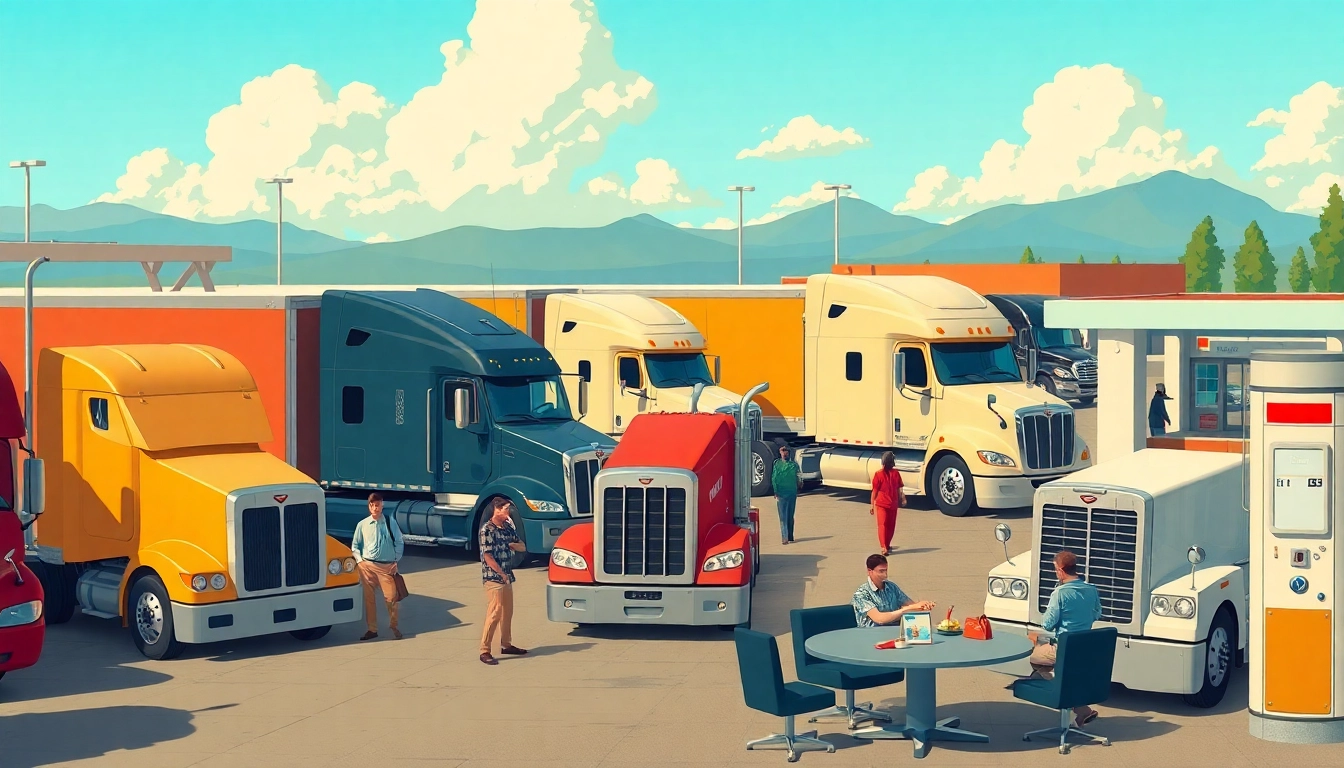 Truckers sharing honest reviews at a busy truck stop, highlighting fuel, parking, and amenities on the road.