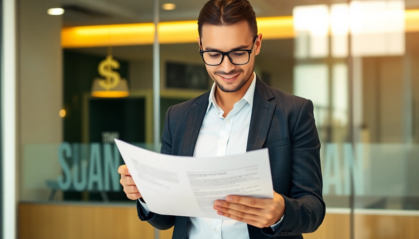 A professional reviewing business loan documents to secure funding, emphasizing financial growth and confidence.