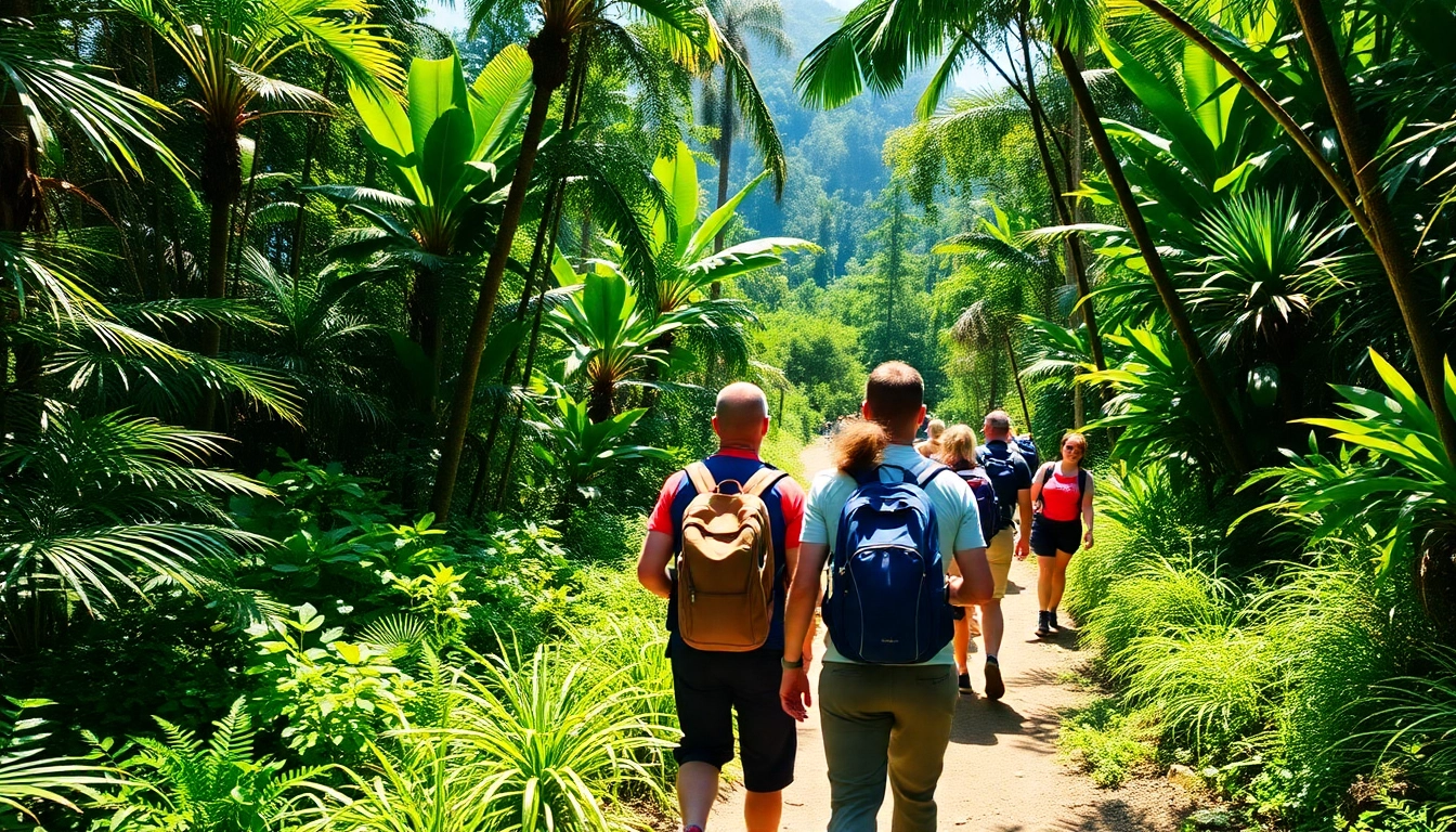 Guided hike through lush jungle with expert guide leading a group in Lombok, Indonesia.