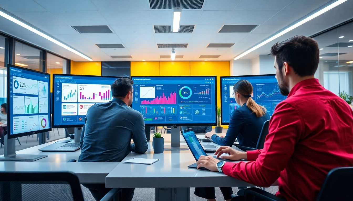 Professionals implementing marketing automatisering strategies with digital marketing dashboards in a modern workspace