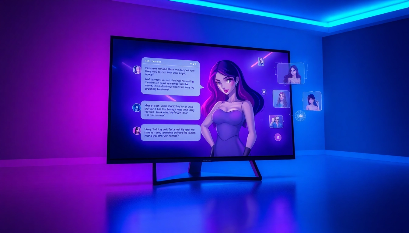 A futuristic chat interface with an animated AI character in a neon-lit room, emphasizing immersive visuals and realistic textures.
