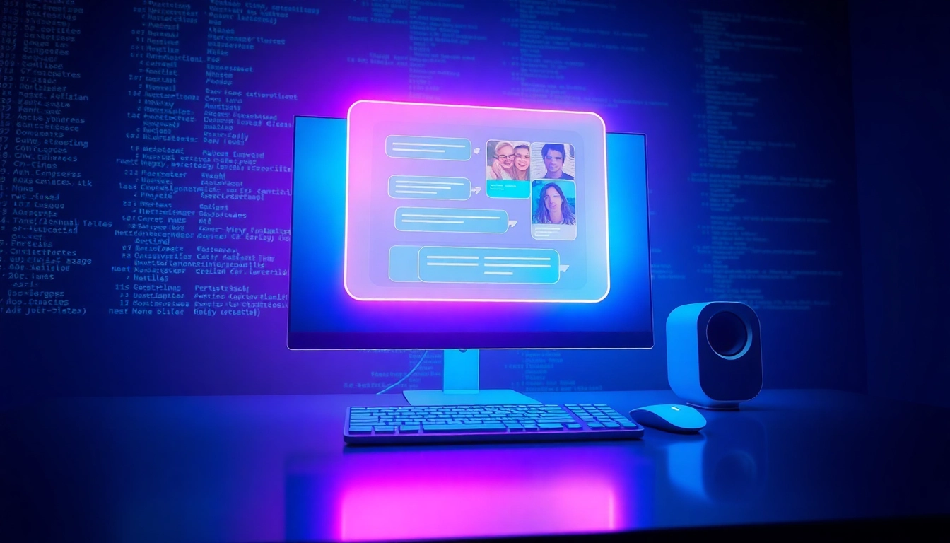 Futuristic AI chat interface with holographic visuals and expressive character images.