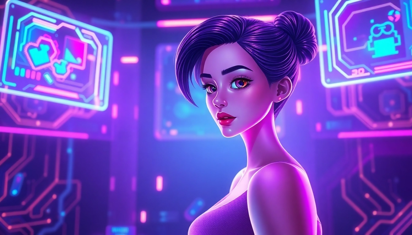 Futuristic digital avatar in a high-tech virtual environment with holographic displays and glowing textures.