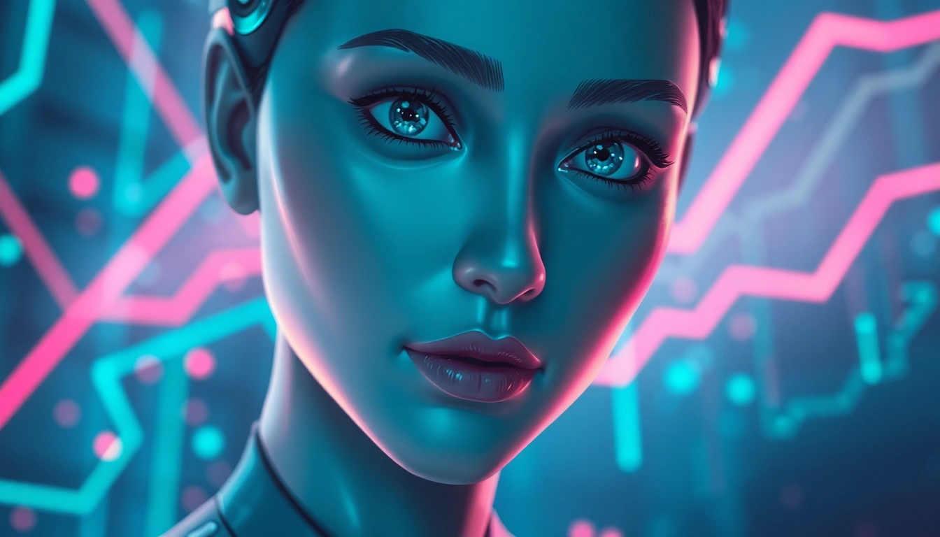 Digital illustration of an AI character in a neon-lit virtual environment, emphasizing intimacy and futuristic technology.