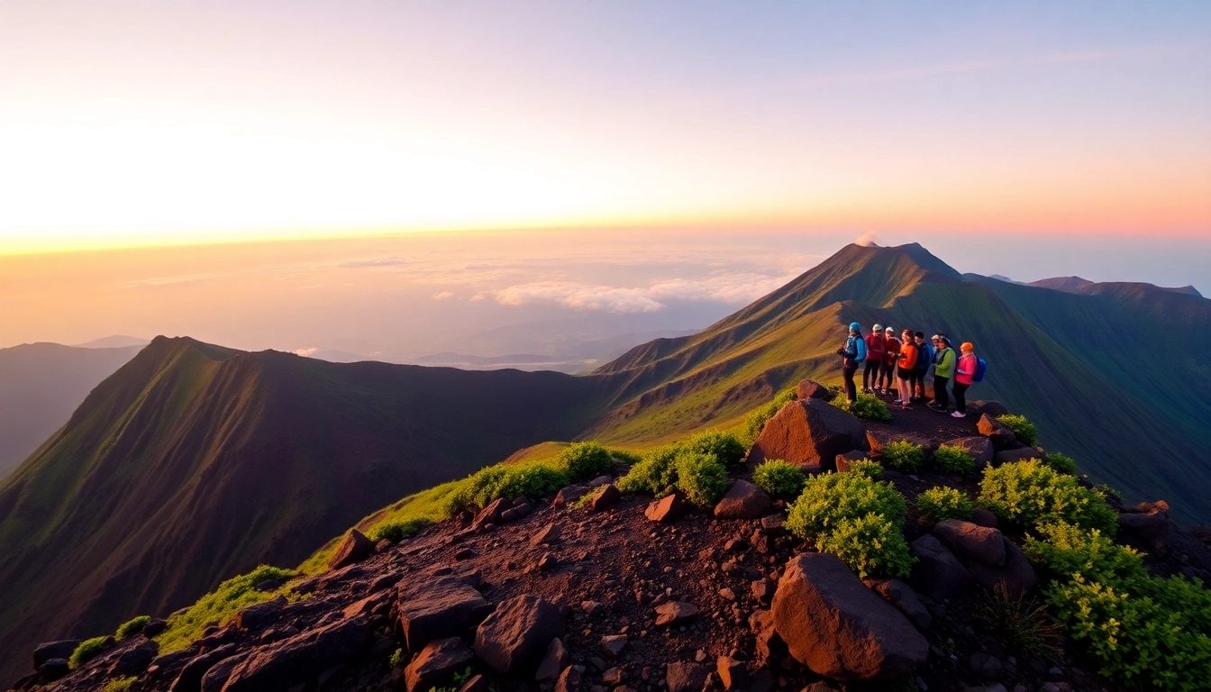 Hikers overlooking Mount Rinjani's crater rim at sunrise with lush landscape
