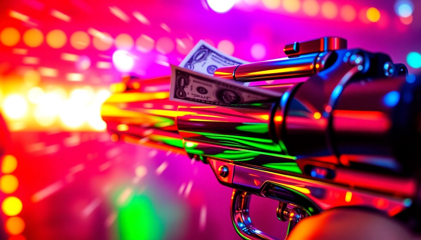 Cashgun in action with flying dollar bills, highlighting its use for making it rain at events and parties.