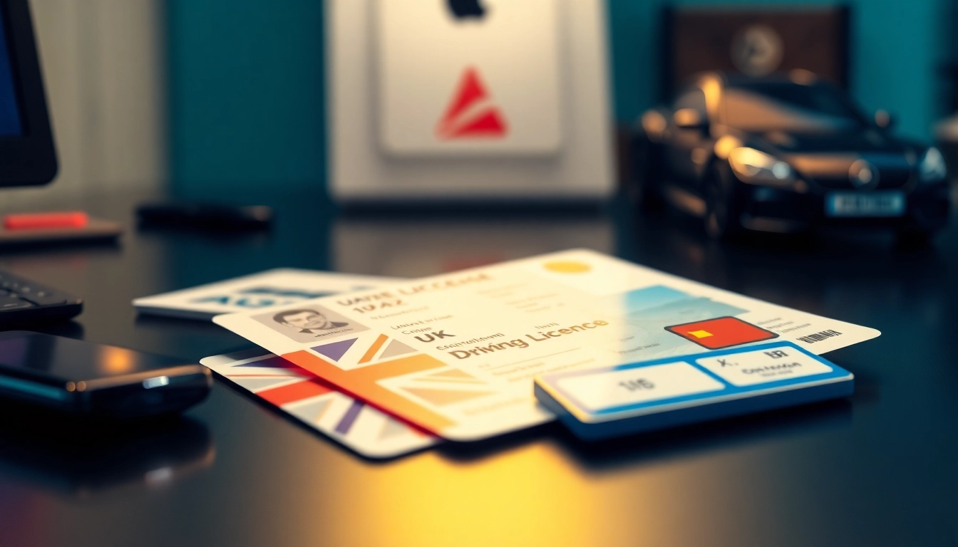 Buy UK driving licence without test—questionable illegal license with warning symbols and caution tape.