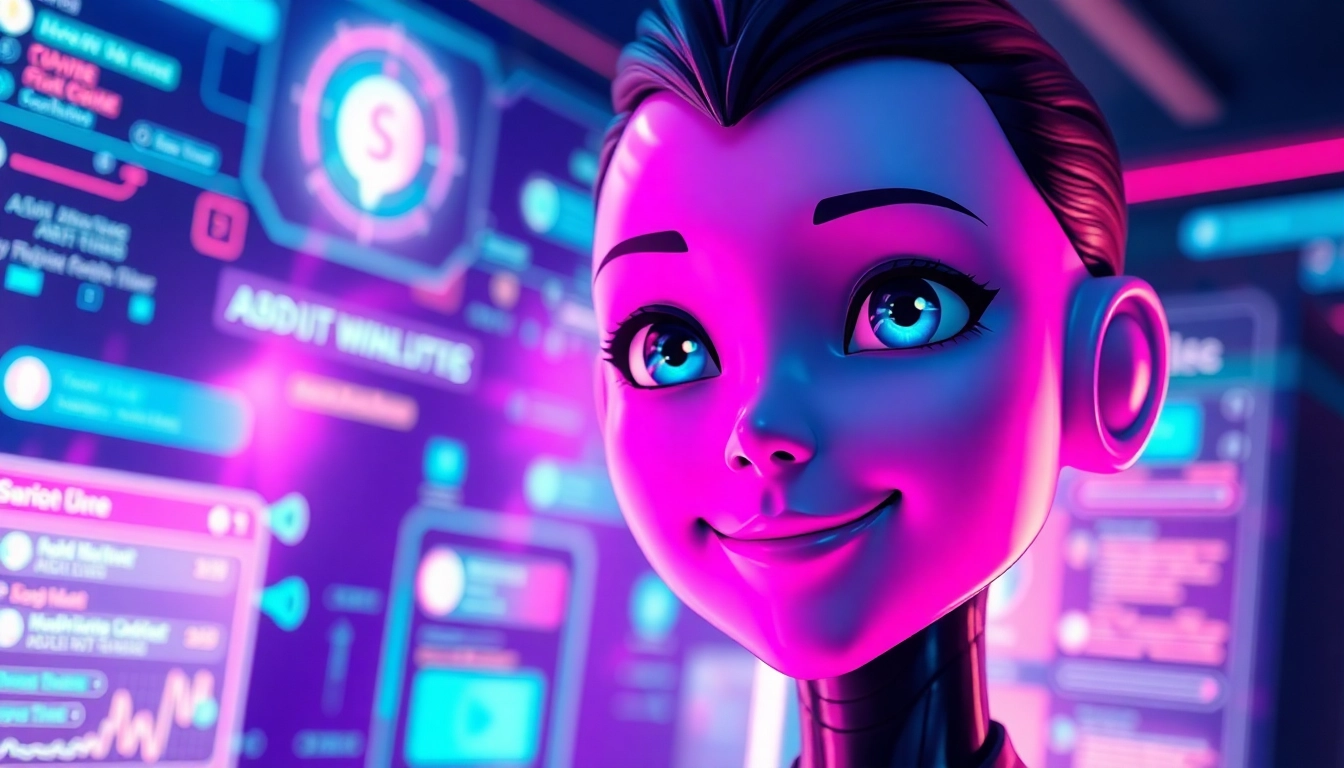 A futuristic AI character with expressive eyes in a neon-lit virtual environment.