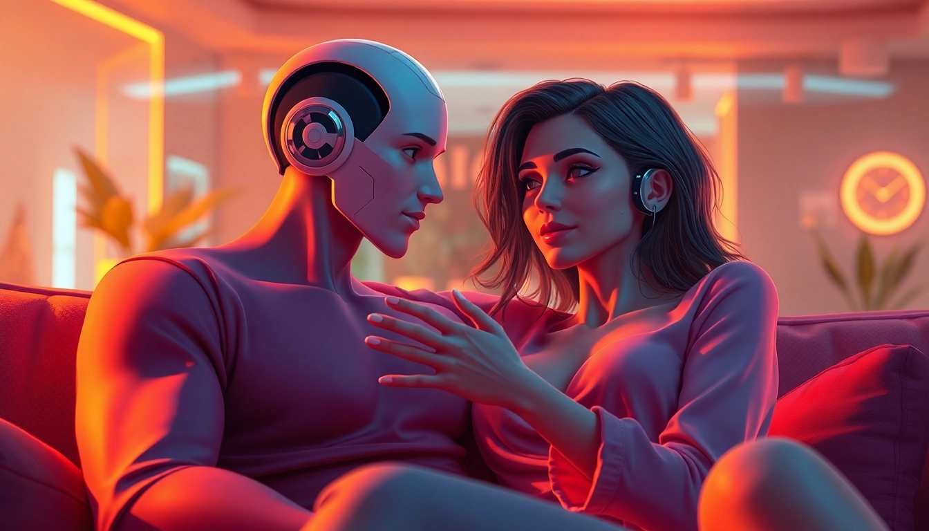Close-up of an AI character and user in an intimate, futuristic setting with warm lighting and expressive body language.
