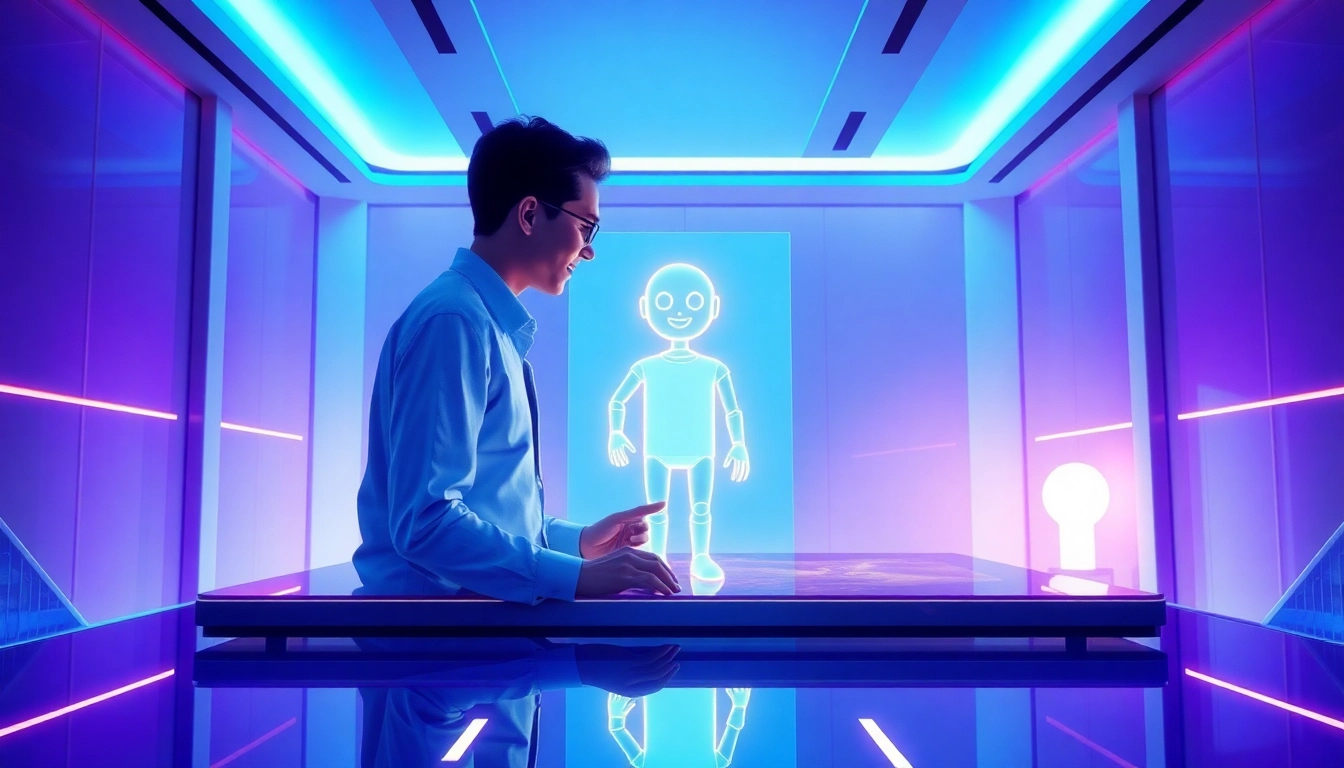 A futuristic scene showing a user interacting with a holographic AI character in a high-tech room.