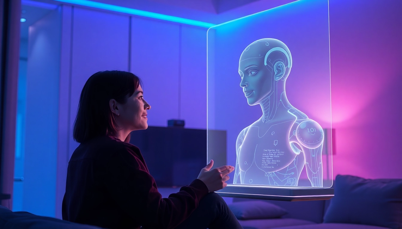 Futuristic scene of a person engaging with a glowing AI avatar in a modern, neon-lit room.