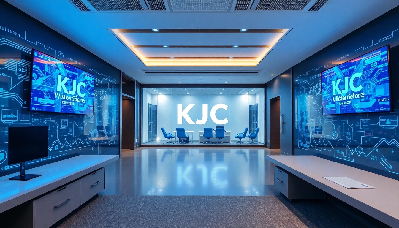 KJC logo displayed prominently on a high-tech digital screen, symbolizing leadership in digital entertainment and technology solutions, emphasizing innovation and trust.