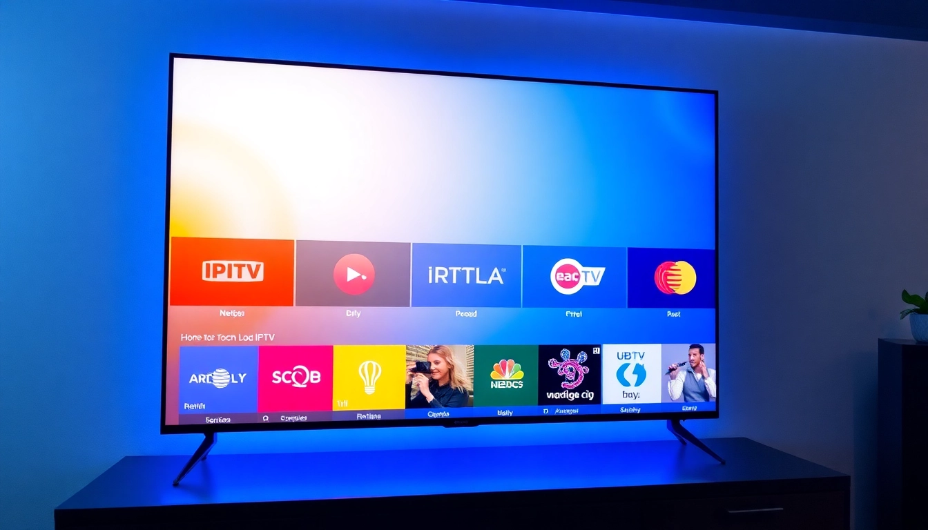 Atlas Pro IPTV logo on a high-definition smart TV screen showcasing live channels and VOD content, highlighting reliable streaming service for users.