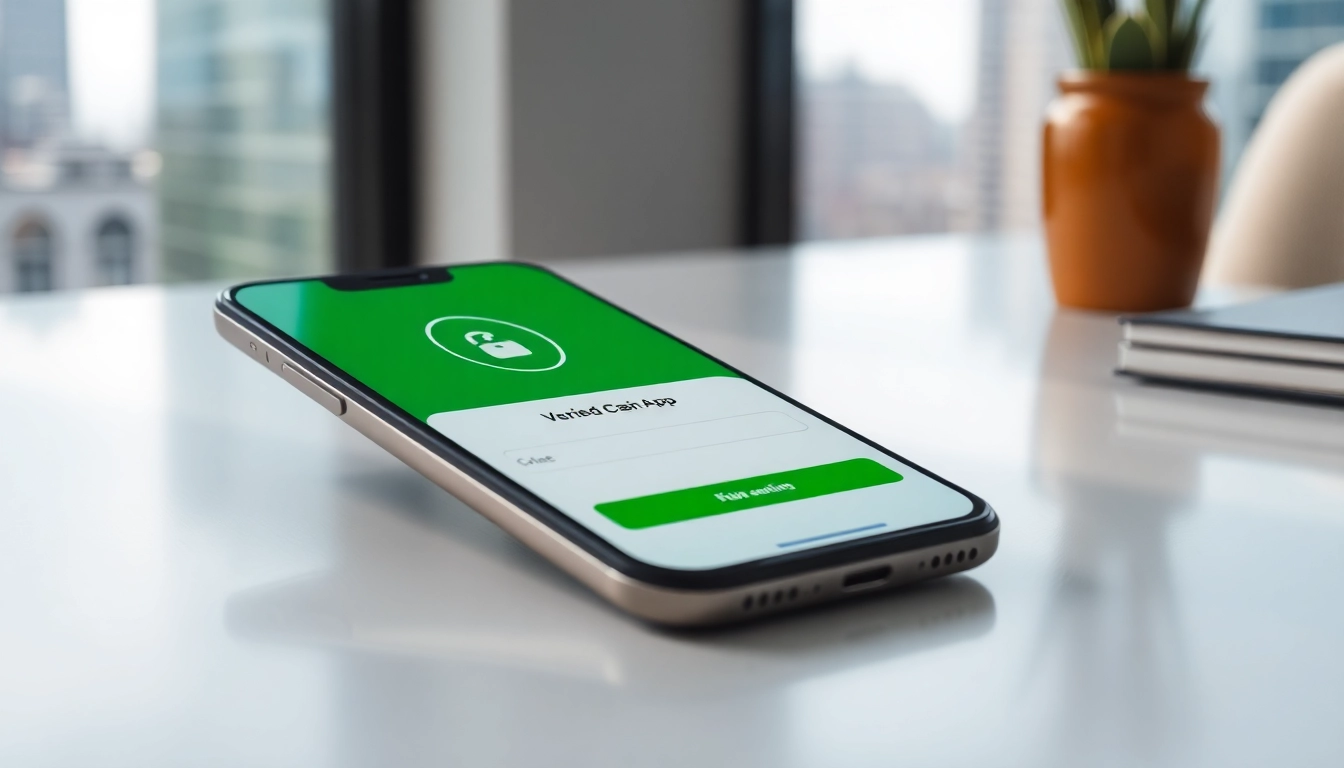 Close-up of a smartphone showing a verified Cash App account on a sleek desk with cityscape background.