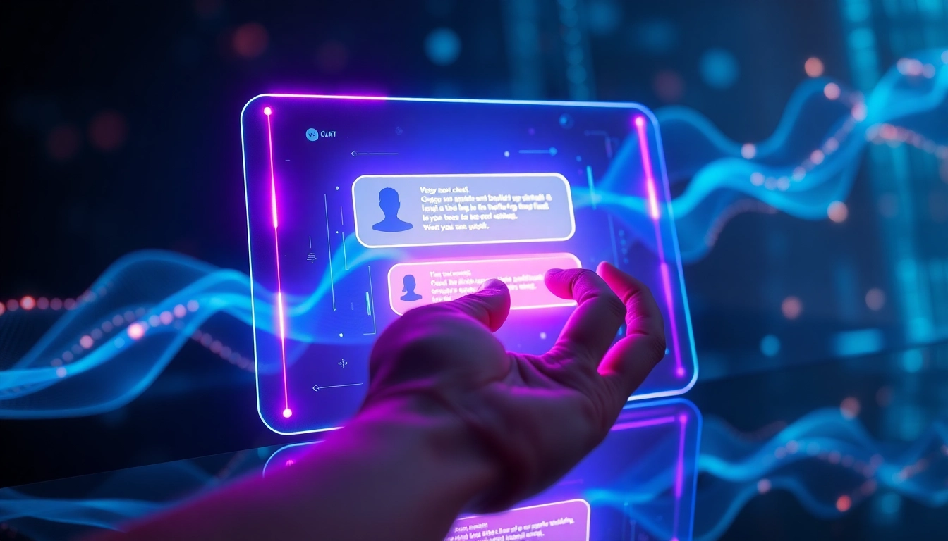 Futuristic digital chat interface with neon accents and a human hand interacting, representing AI conversations and intimacy.