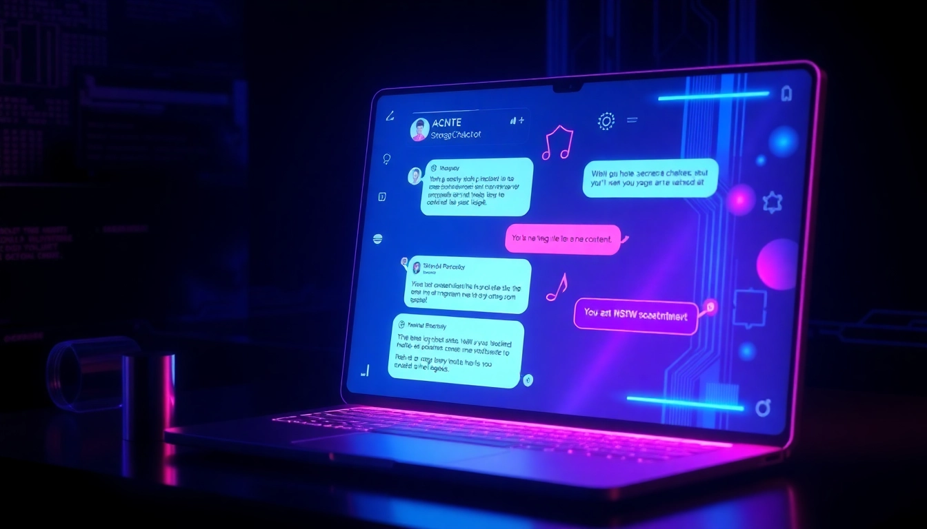 Futuristic AI chatbot interface with neon lights and subtle NSFW elements in a high-tech environment.