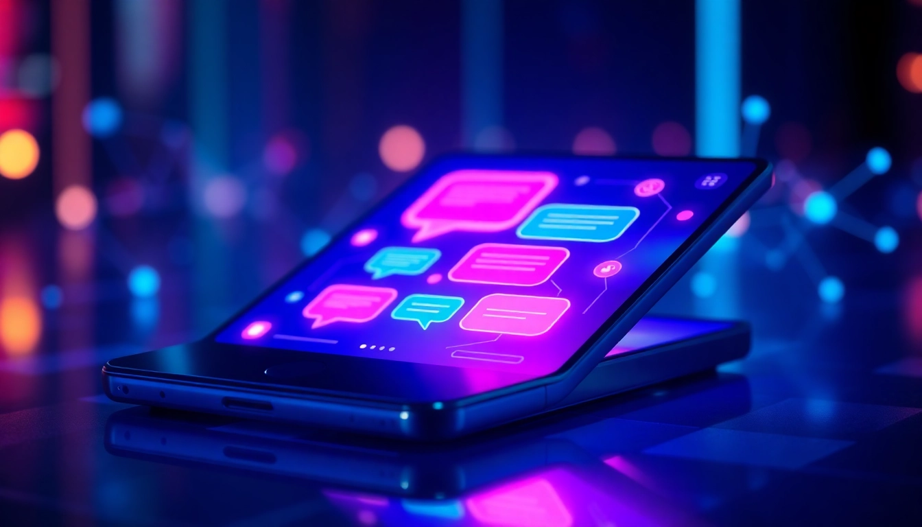 A futuristic digital art of an AI chatbot interface on a modern device screen with colorful chat bubbles and neon cyber background.