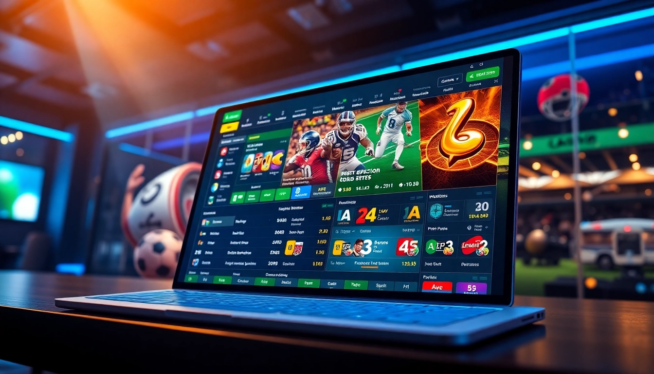 An illustration of an online sportsbook and casino platform with sports icons and betting options on a digital screen.