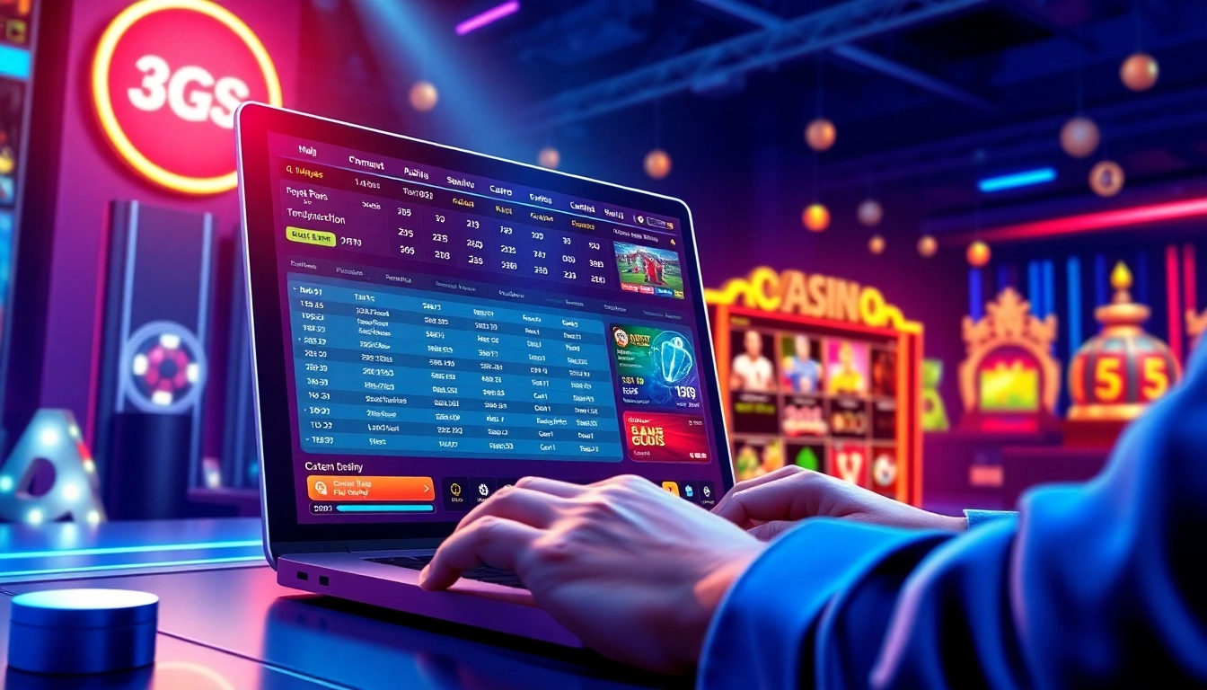 An illustration of a vibrant online sportsbook and casino platform with colorful betting odds and gaming icons, set against a sleek, futuristic background.