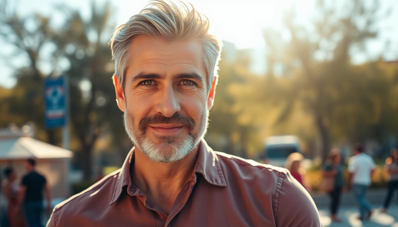 A charismatic mature man standing outdoors in casual attire, with salt-and-pepper hair and a confident smile.