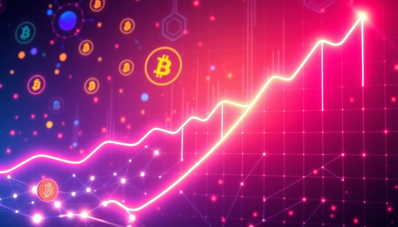 Cryptocurrency market rising with digital coins, blockchain network, and growth charts