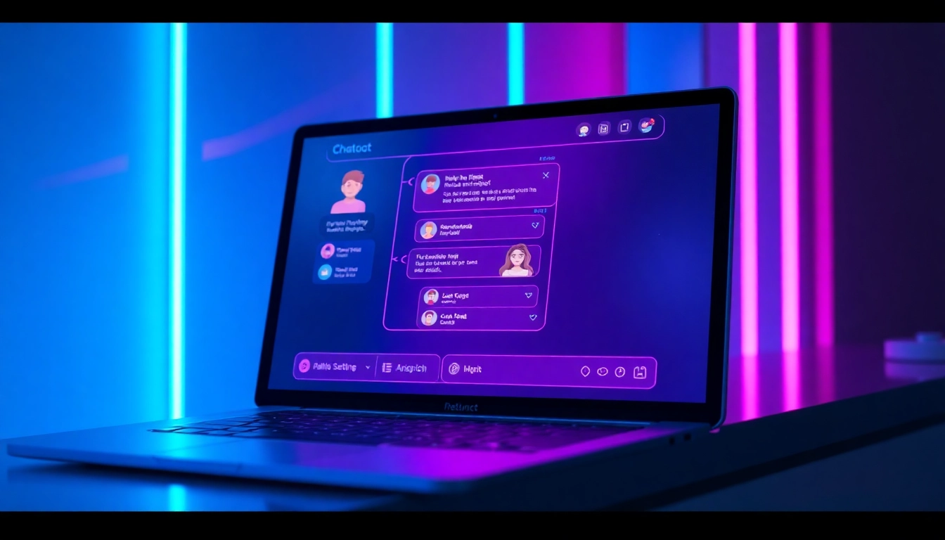 Futuristic AI chatbot interface with customizable avatars on a high-tech screen in a neon-lit environment.
