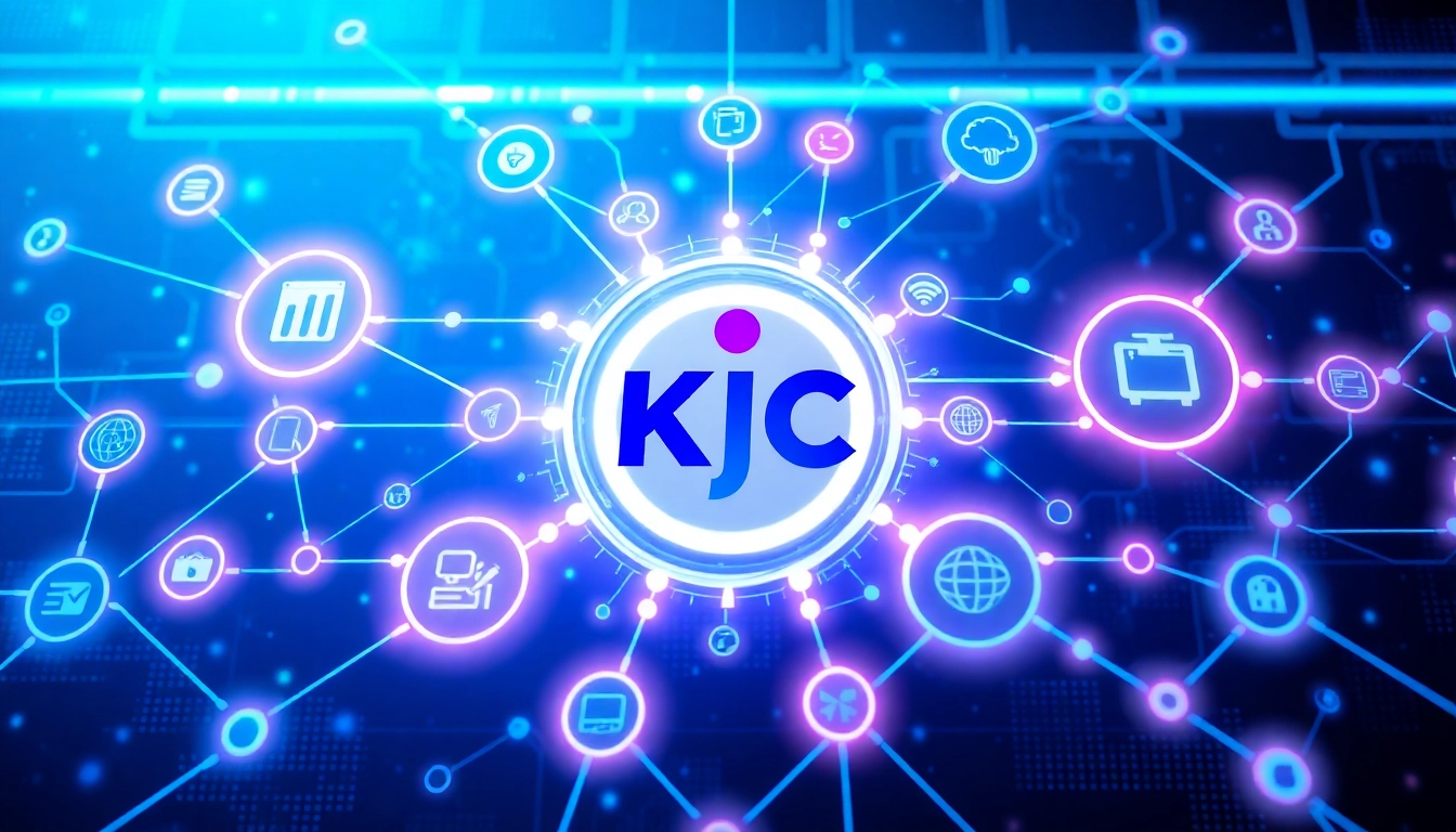 KJC showcasing a futuristic digital platform emphasizing tech innovation, community, and trust.