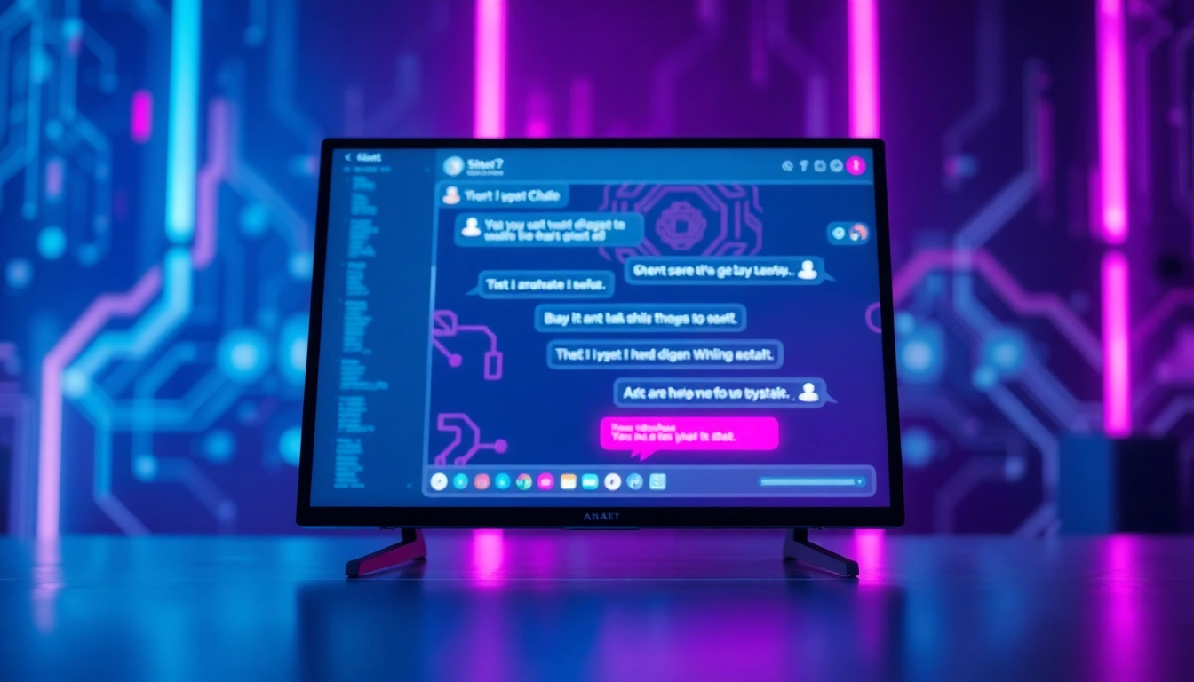 Futuristic digital chat interface with neon accents and immersive AI conversation scene.