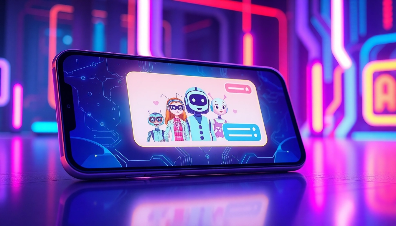 Futuristic AI chatbot interface on a sleek device with animated AI characters in a high-tech environment