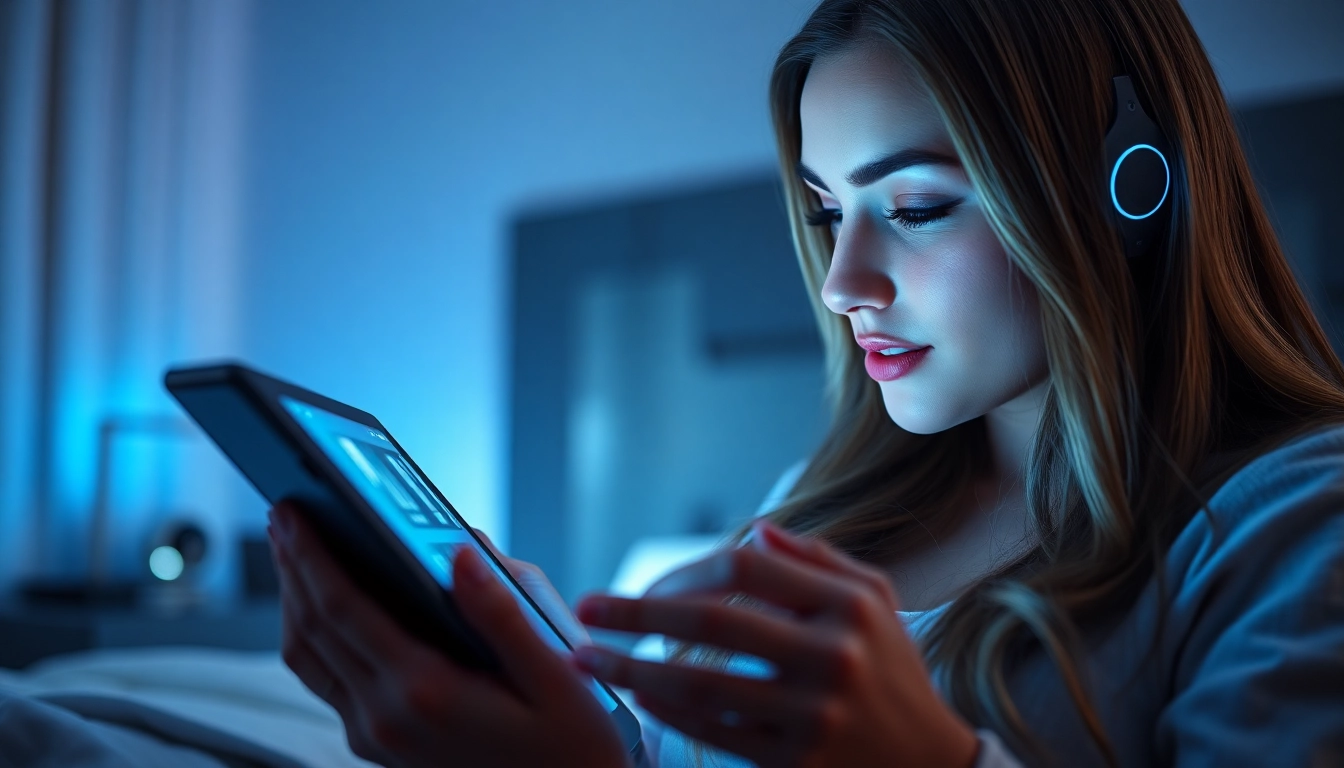AI girlfriend engaging in a personalized conversation on a tablet, showcasing digital intimacy and connection for users seeking virtual companionship.