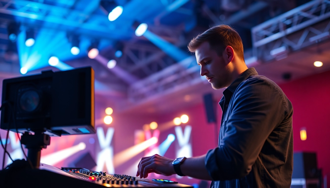 Veranstaltungstechniker Köln bei der technischen Umsetzung eines Events mit Licht- und Tontechnik in einer modernen Location, zeigt professionelles Equipment und Fachkräfte in Aktion, zugänglich für Screen Reader.